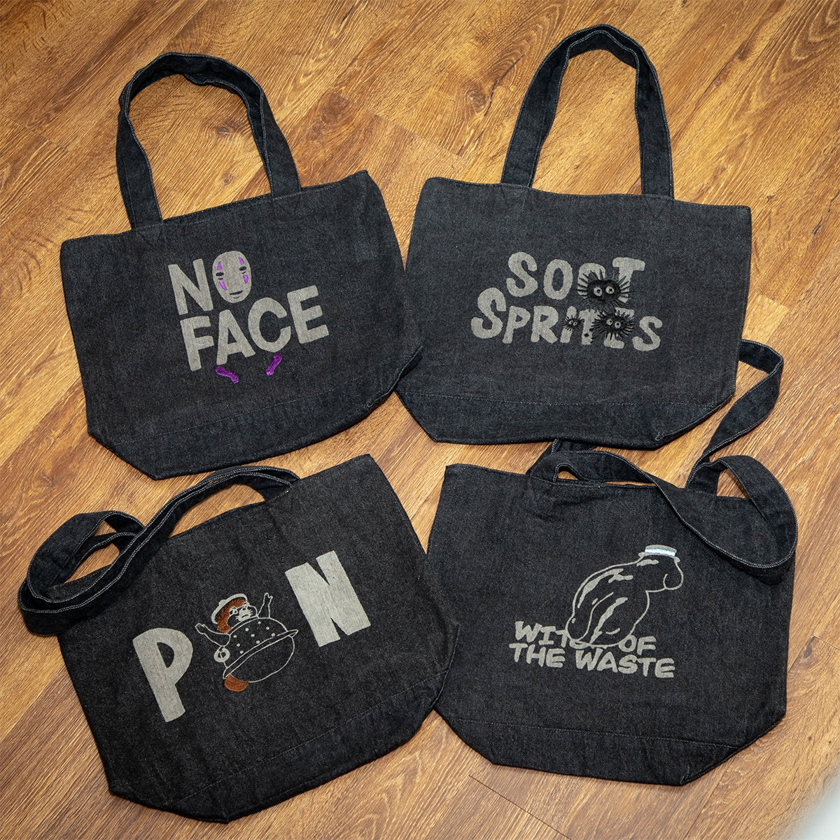 Studio Ghibli GBL Discharge Denim Tote Bags (4 Types) - Black No-Face - official view 8