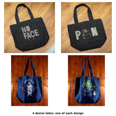 Studio Ghibli GBL Discharge Denim Tote Bags (4 Types) - Complete Set