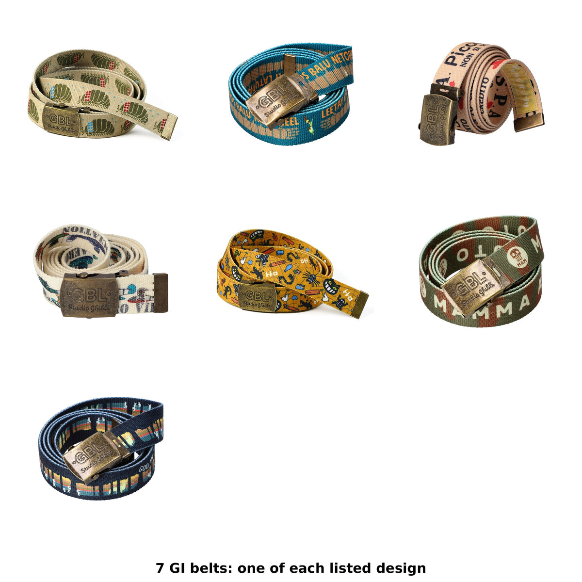 Studio Ghibli GBL GI Belts (7 Types) - Complete Set showing one of each model