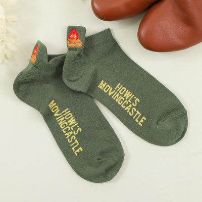 Studio Ghibli Heel-Embroidered Sneaker Socks 23-25 cm (5 Types) - Calcifer - Green - official view 15