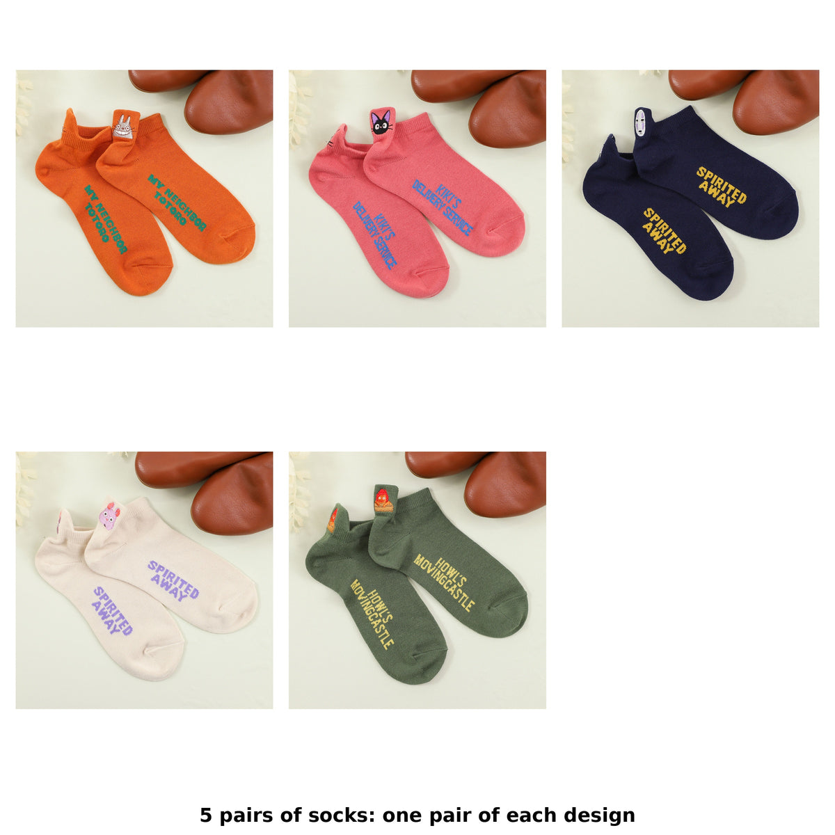 Studio Ghibli Heel-Embroidered Sneaker Socks 23-25 cm (5 Types) - Complete Set showing one of each model