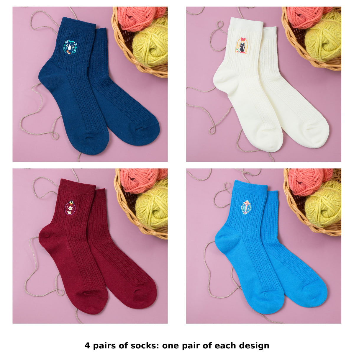 Studio Ghibli Icon-Embroidered Socks 23-25 cm (4 Types) - Complete Set showing one of each model