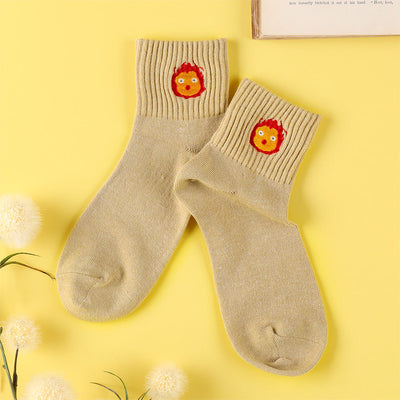 Studio Ghibli Ribbed Embroidered Short Socks 23-25 cm (2 Types) - Calcifer Beige - official view 3
