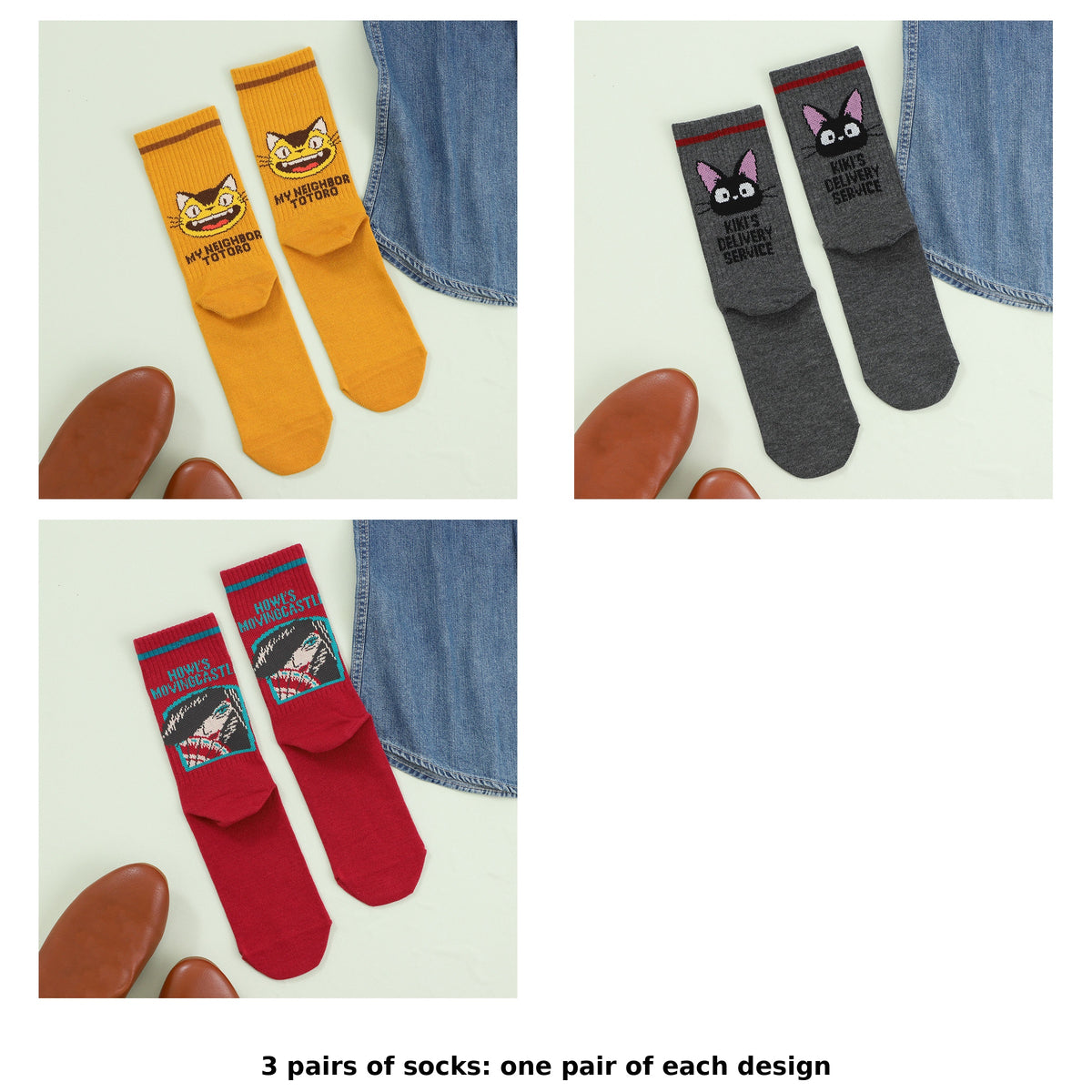 Studio Ghibli Striped Ribbed Crew Socks 23-25 cm (3 Types) - Complete Set showing one of each model