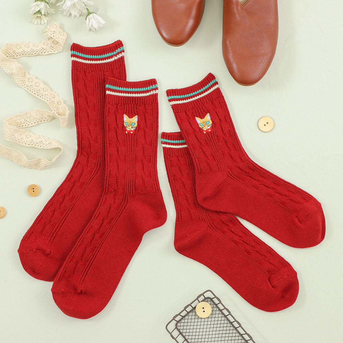 Whisper of the Heart Socks - Cable Knit - Brick - official product view 1